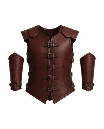 Men’s Brown Leather Warrior Tactical Sleeveless Vest with Buckle Closures