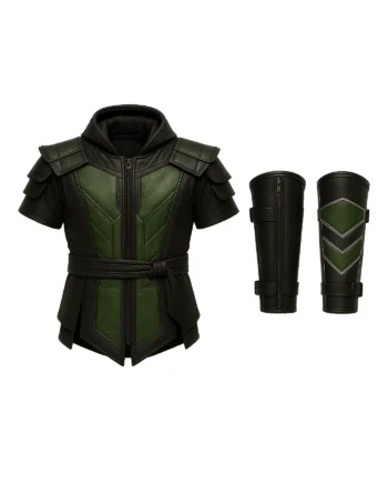 Men’s Green & Black Hooded Leather Tactical Vest with Arm Guards