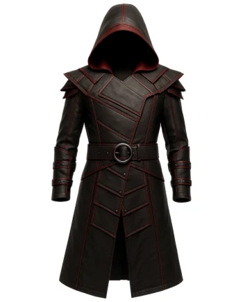 Men’s Black Hooded Leather Assassin-Style Long Coat