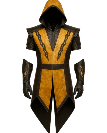Men’s Hooded Yellow & Black Warrior-Style Leather Long Coat