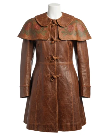 Women’s Brown Leather Long Coat with Floral Cape Collar