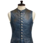 Blue sleeveless Captain Jack Sparrow inspired leather vest with stand collar, button front, flap pockets, rear waist belt, and split hem