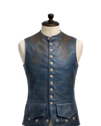 Blue sleeveless Captain Jack Sparrow inspired leather vest with stand collar, button front, flap pockets, rear waist belt, and split hem