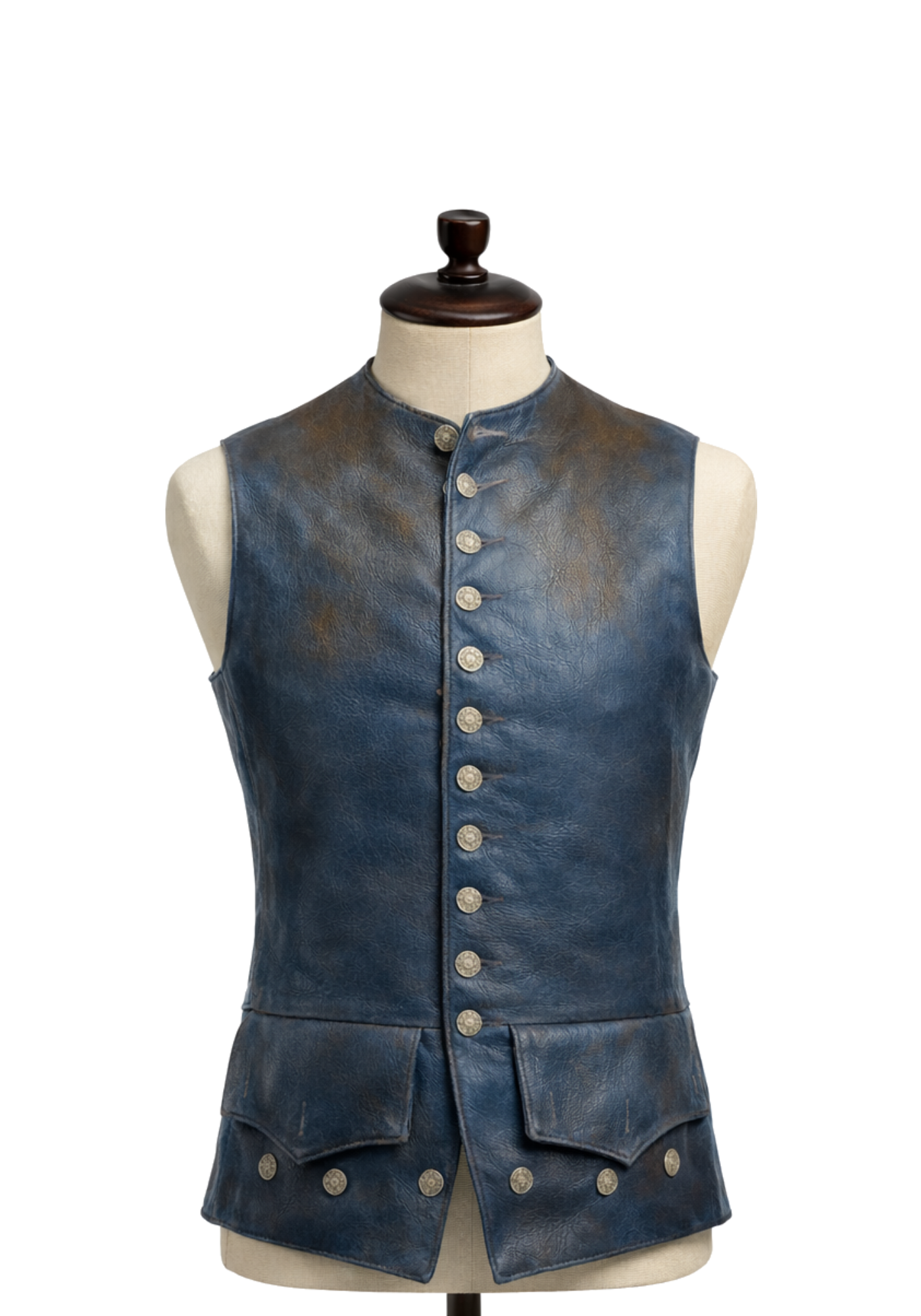 Blue sleeveless Captain Jack Sparrow inspired leather vest with stand collar, button front, flap pockets, rear waist belt, and split hem