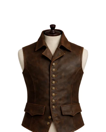 Brown sleeveless pirate-inspired leather vest with lapel collar, button front, flap pockets, stitched panels, and shaped waist