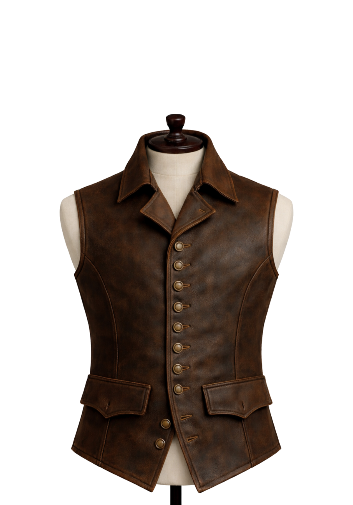 Brown sleeveless pirate-inspired leather vest with lapel collar, button front, flap pockets, stitched panels, and shaped waist