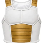 White and gold sleeveless Saiyan vest with front zipper, segmented shoulder guards, chest panels, and matching rear armor styling inspired by Vegeta