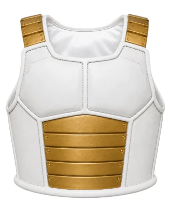 White and gold sleeveless Saiyan vest with front zipper, segmented shoulder guards, chest panels, and matching rear armor styling inspired by Vegeta
