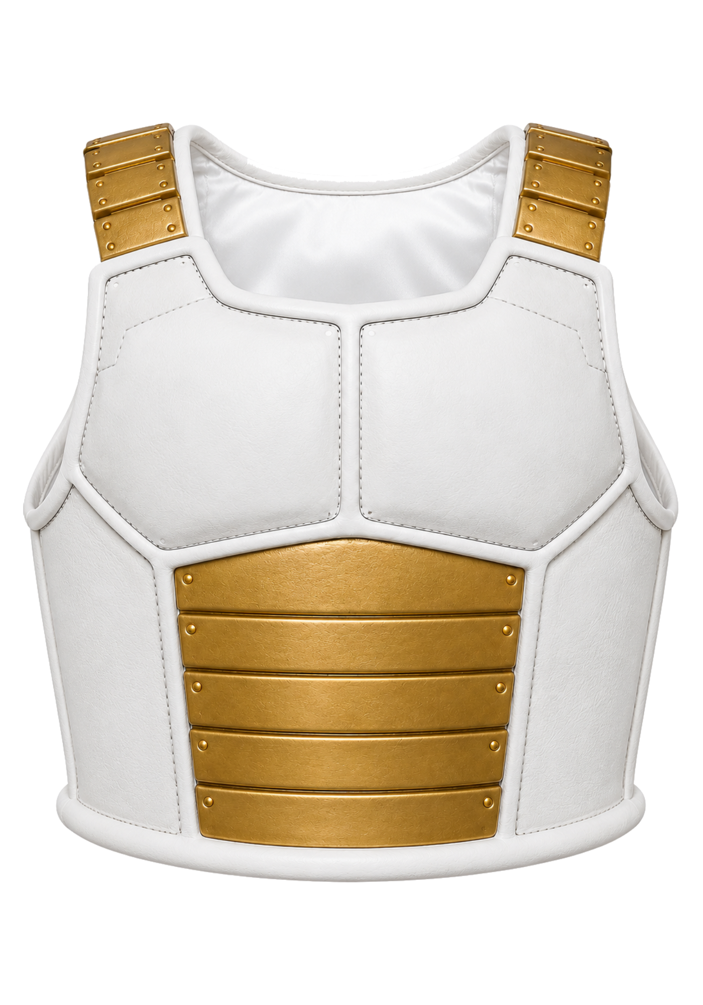 White and gold sleeveless Saiyan vest with front zipper, segmented shoulder guards, chest panels, and matching rear armor styling inspired by Vegeta