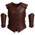 Dark brown sleeveless medieval warrior vest with rounded neckline, stitched panels, side buckles, pointed hem, and matching arm guards