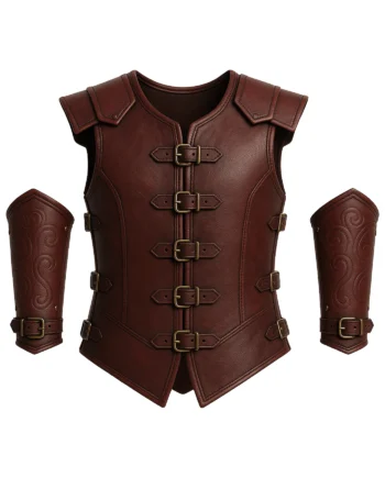 Dark brown sleeveless medieval warrior vest with rounded neckline, stitched panels, side buckles, pointed hem, and matching arm guards
