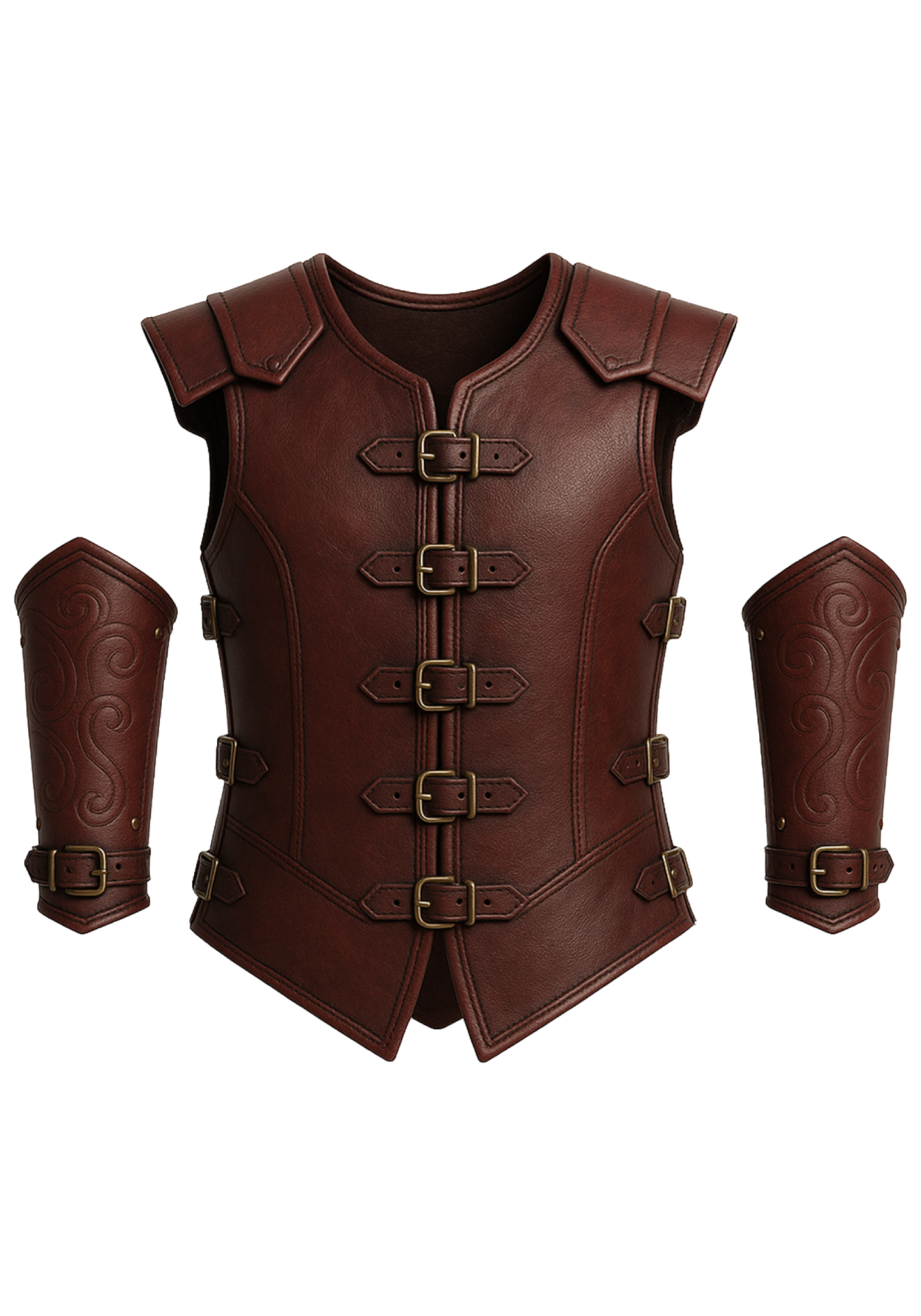 Dark brown sleeveless medieval warrior vest with rounded neckline, stitched panels, side buckles, pointed hem, and matching arm guards