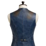 Blue sleeveless Captain Jack Sparrow inspired leather vest with stand collar, button front, flap pockets, rear waist belt, and split hem