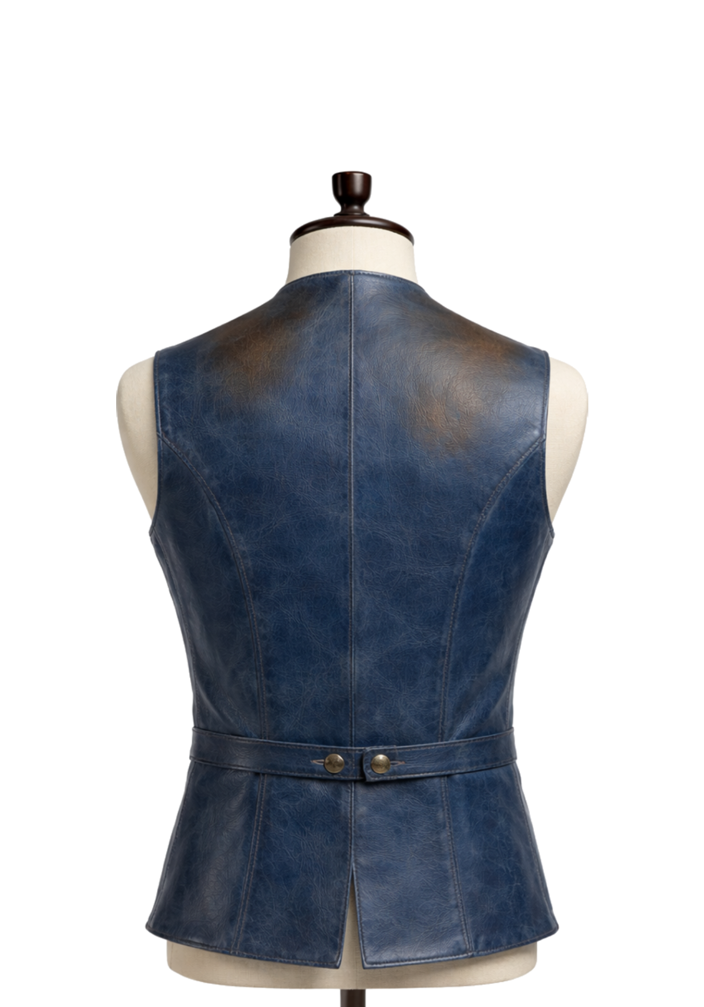 Blue sleeveless Captain Jack Sparrow inspired leather vest with stand collar, button front, flap pockets, rear waist belt, and split hem