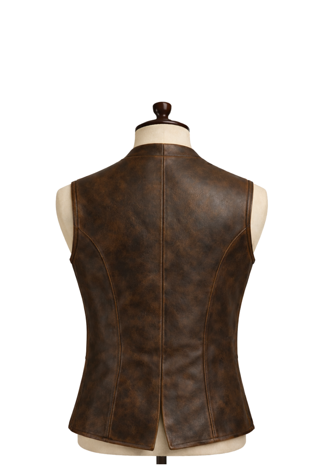 Brown sleeveless pirate-inspired leather vest with lapel collar, button front, flap pockets, stitched panels, and shaped waist