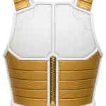 White and gold sleeveless Saiyan vest with front zipper, segmented shoulder guards, chest panels, and matching rear armor styling inspired by Vegeta