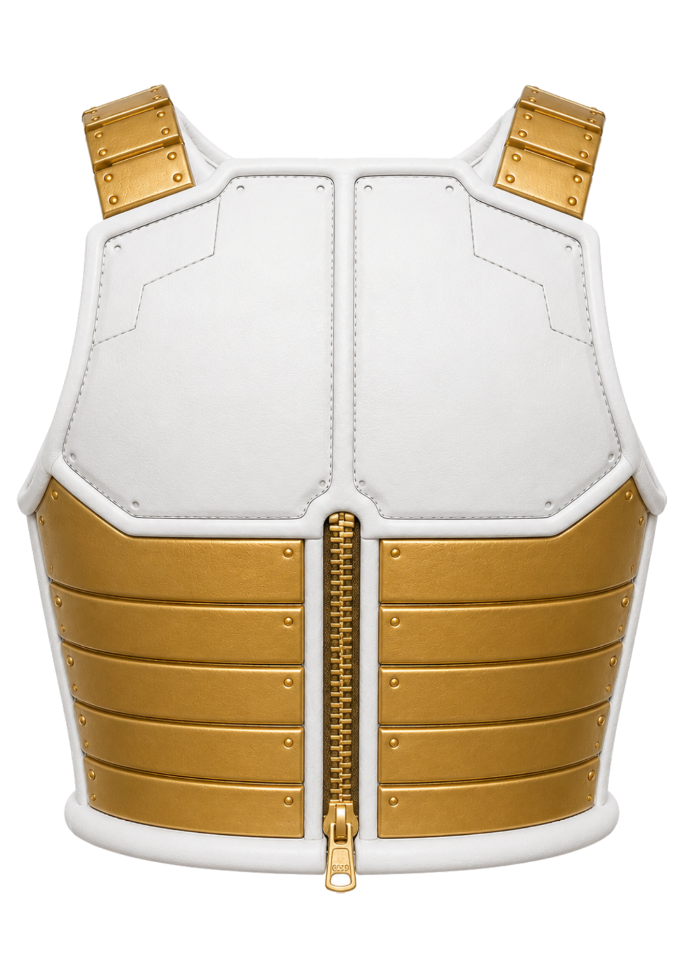 White and gold sleeveless Saiyan vest with front zipper, segmented shoulder guards, chest panels, and matching rear armor styling inspired by Vegeta
