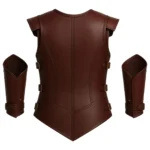 Dark brown sleeveless medieval warrior vest with rounded neckline, stitched panels, side buckles, pointed hem, and matching arm guards