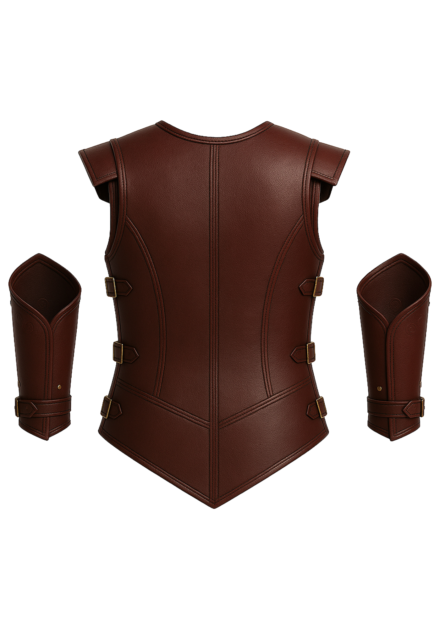 Dark brown sleeveless medieval warrior vest with rounded neckline, stitched panels, side buckles, pointed hem, and matching arm guards