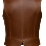 Brown sleeveless medieval leather-style vest with rounded neck, paneled stitching, pointed hem, and visible rear lace-up construction