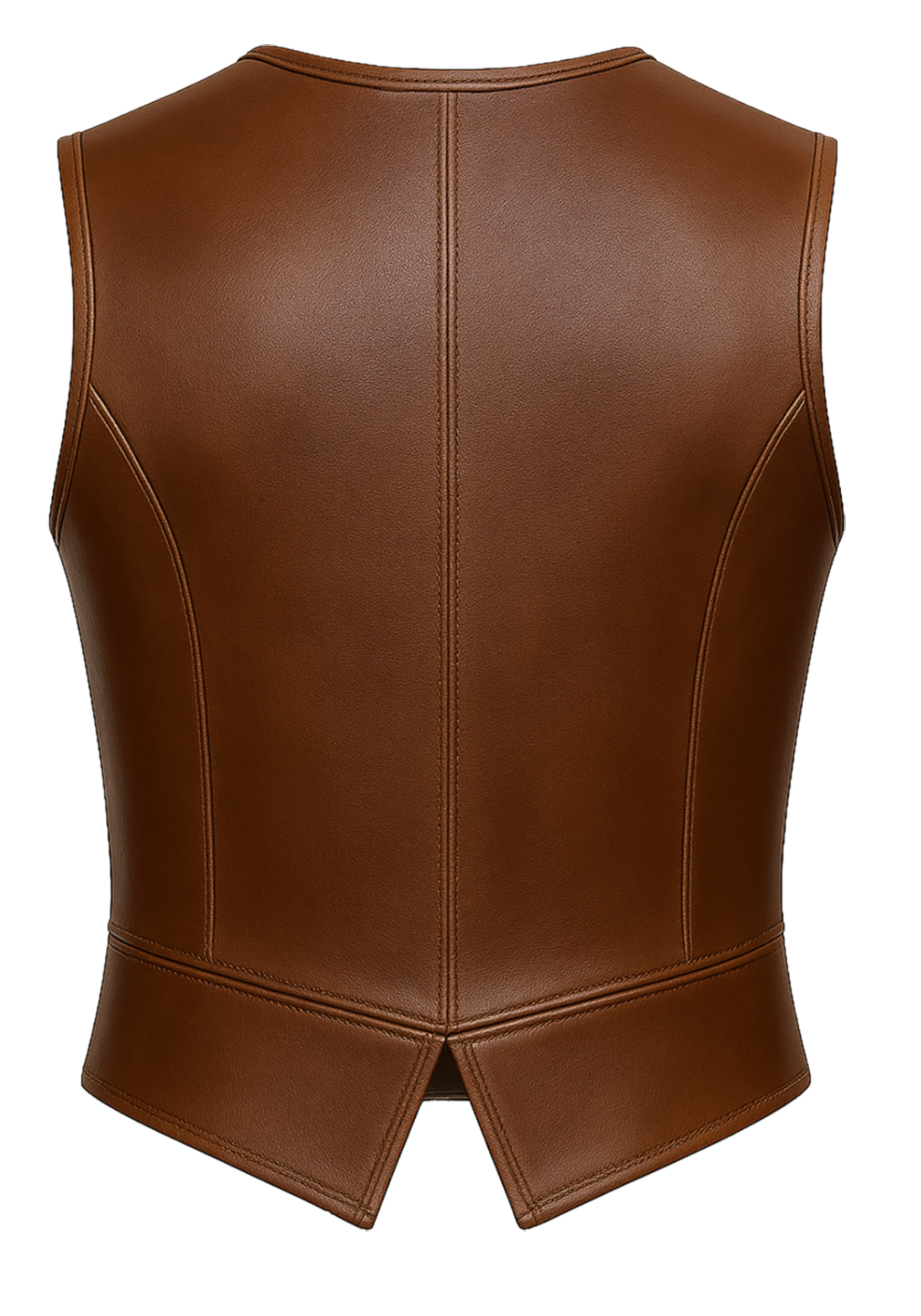Brown sleeveless medieval leather-style vest with rounded neck, paneled stitching, pointed hem, and visible rear lace-up construction