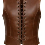 Brown sleeveless medieval leather-style vest with rounded neck, paneled stitching, pointed hem, and visible rear lace-up construction