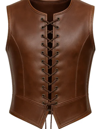 Brown sleeveless medieval leather-style vest with rounded neck, paneled stitching, pointed hem, and visible rear lace-up construction