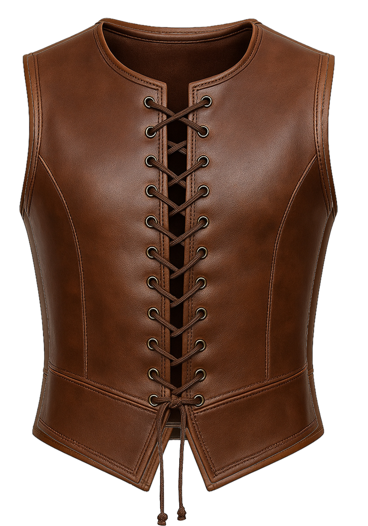 Brown sleeveless medieval leather-style vest with rounded neck, paneled stitching, pointed hem, and visible rear lace-up construction