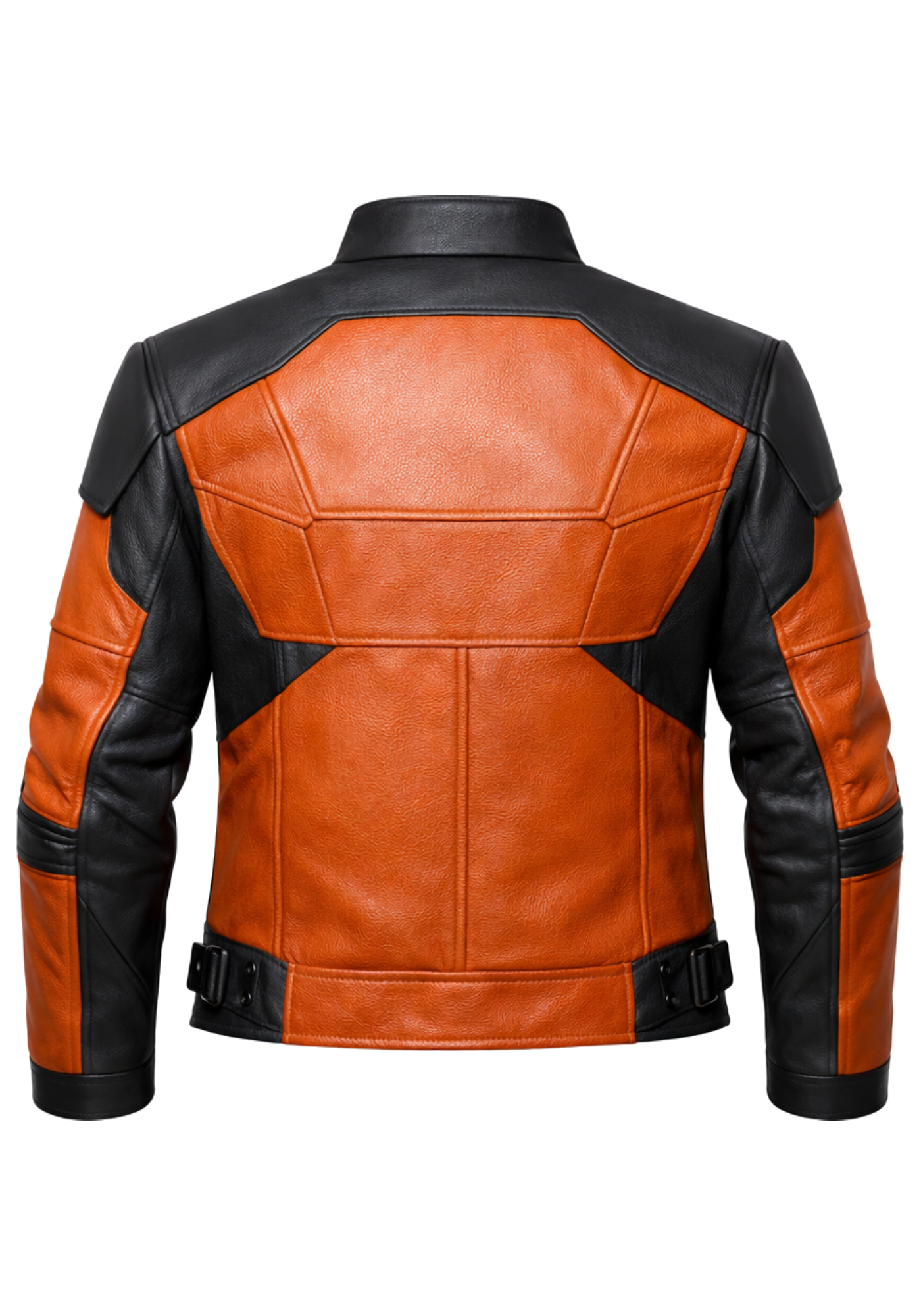 Orange and black Gordon Freeman inspired leather-style jacket with stand collar, geometric panels, long sleeves, straps, and buckles