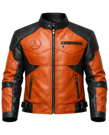 Orange and black Gordon Freeman inspired leather-style jacket with stand collar, geometric panels, long sleeves, straps, and buckles