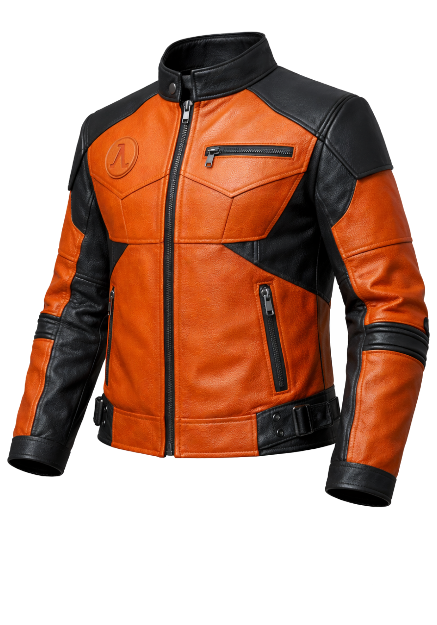 Orange and black Gordon Freeman inspired leather-style jacket with stand collar, geometric panels, long sleeves, straps, and buckles