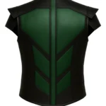 Sleeveless black and deep green reptile-inspired vest with stand collar, geometric panel trim, and a structured overall shape