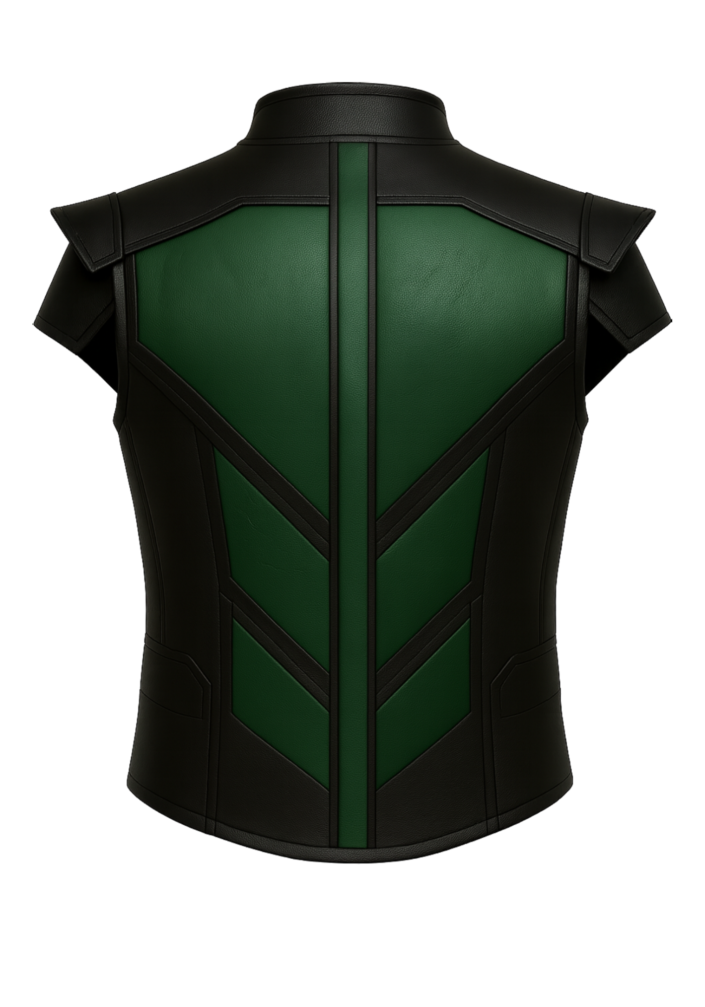 Sleeveless black and deep green reptile-inspired vest with stand collar, geometric panel trim, and a structured overall shape
