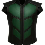 Sleeveless black and deep green reptile-inspired vest with stand collar, geometric panel trim, and a structured overall shape