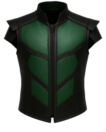 Sleeveless black and deep green reptile-inspired vest with stand collar, geometric panel trim, and a structured overall shape
