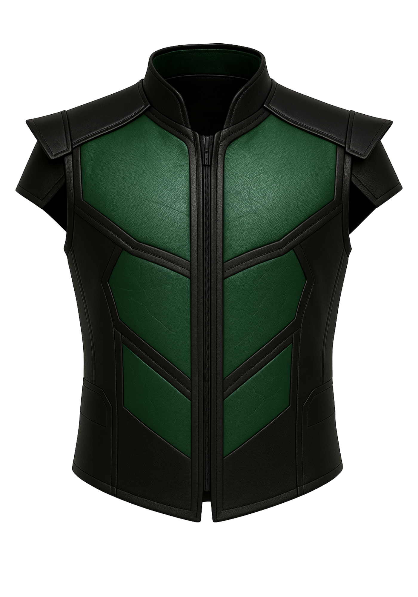 Sleeveless black and deep green reptile-inspired vest with stand collar, geometric panel trim, and a structured overall shape
