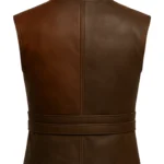 Dark brown sleeveless Kratos-inspired leather vest with shearling stand collar, double waist belts, ring buckles, and shaped hem