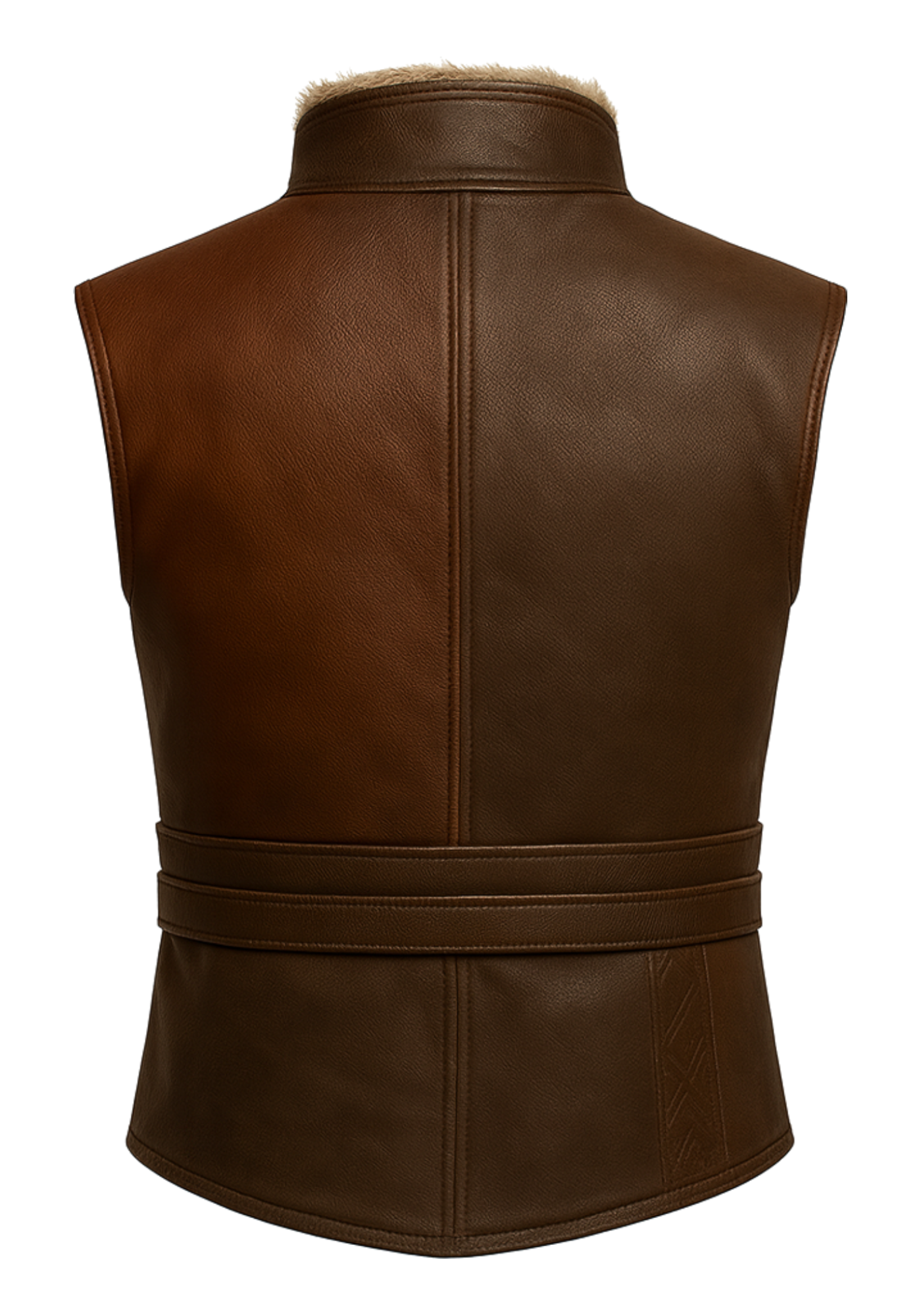 Dark brown sleeveless Kratos-inspired leather vest with shearling stand collar, double waist belts, ring buckles, and shaped hem