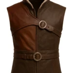 Dark brown sleeveless Kratos-inspired leather vest with shearling stand collar, double waist belts, ring buckles, and shaped hem