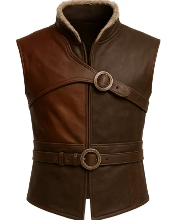 Dark brown sleeveless Kratos-inspired leather vest with shearling stand collar, double waist belts, ring buckles, and shaped hem