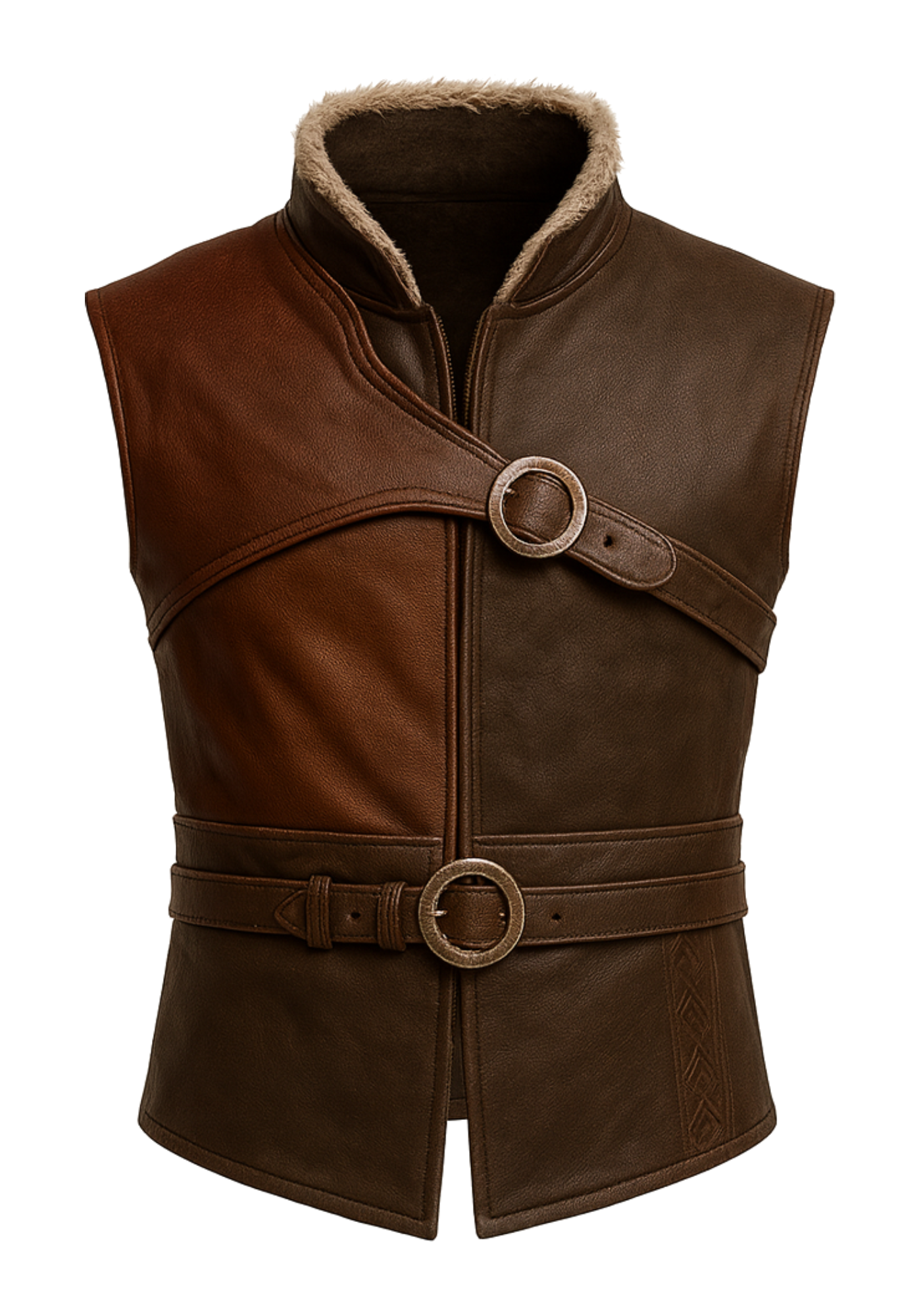 Dark brown sleeveless Kratos-inspired leather vest with shearling stand collar, double waist belts, ring buckles, and shaped hem