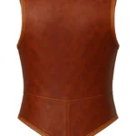 Light brown sleeveless Viking-inspired leather vest with rounded neckline, bound edges, pointed hem, and visible lace-up rear detail