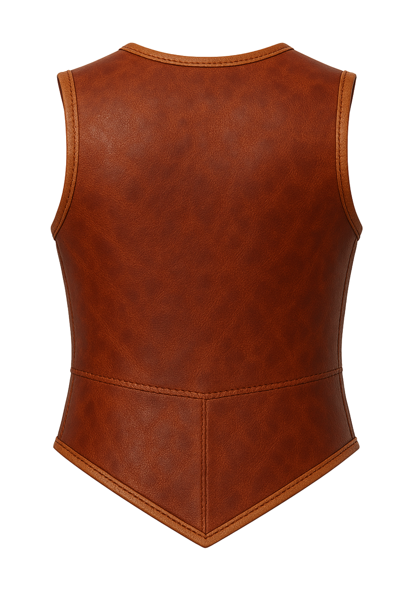 Light brown sleeveless Viking-inspired leather vest with rounded neckline, bound edges, pointed hem, and visible lace-up rear detail