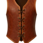 Light brown sleeveless Viking-inspired leather vest with rounded neckline, bound edges, pointed hem, and visible lace-up rear detail