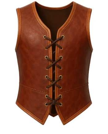 Light brown sleeveless Viking-inspired leather vest with rounded neckline, bound edges, pointed hem, and visible lace-up rear detail