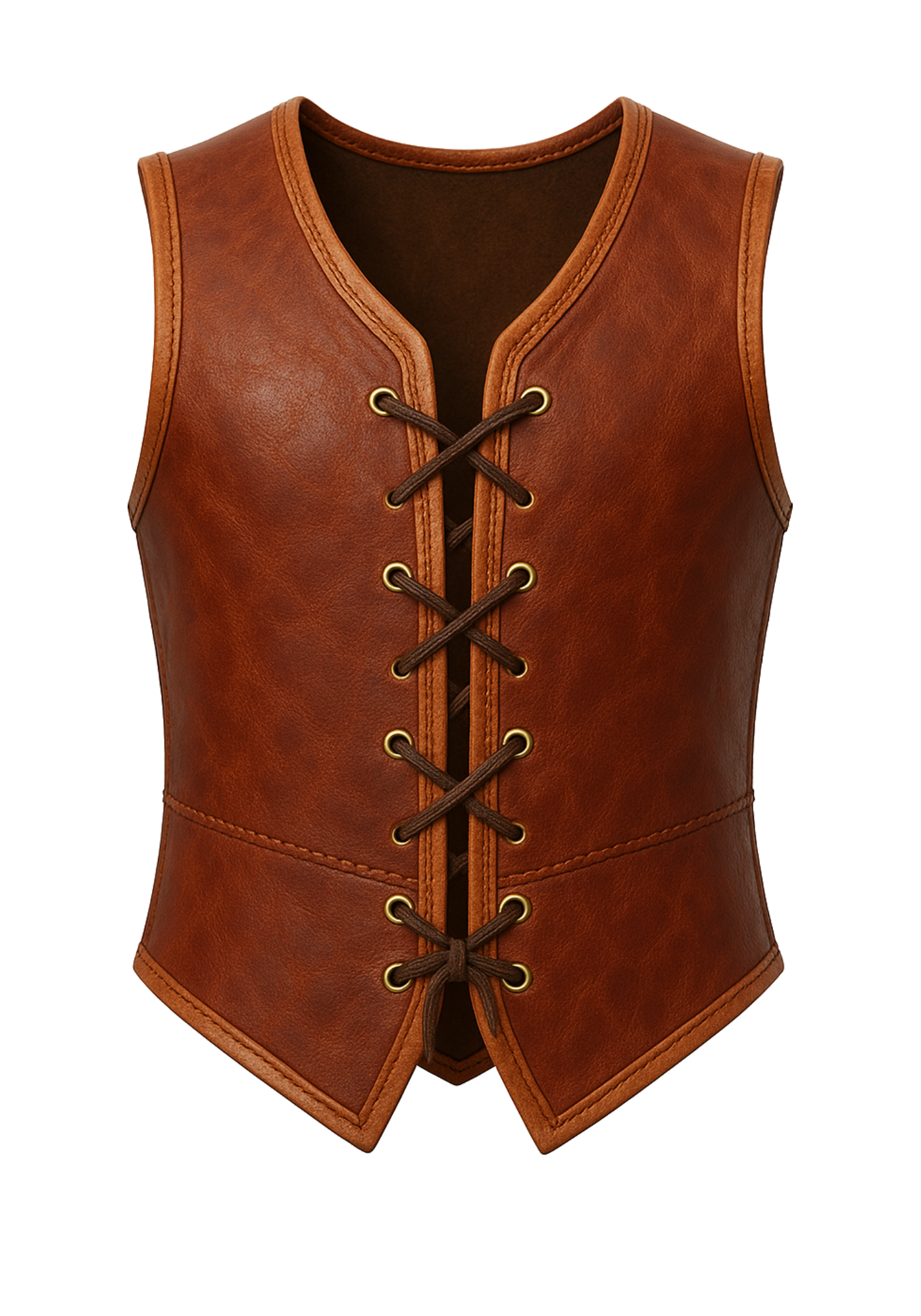 Light brown sleeveless Viking-inspired leather vest with rounded neckline, bound edges, pointed hem, and visible lace-up rear detail