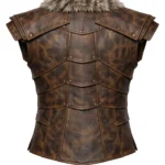 Brown sleeveless medieval Viking vest with layered riveted panels, wide fur collar, extended hem, and buckled rear construction