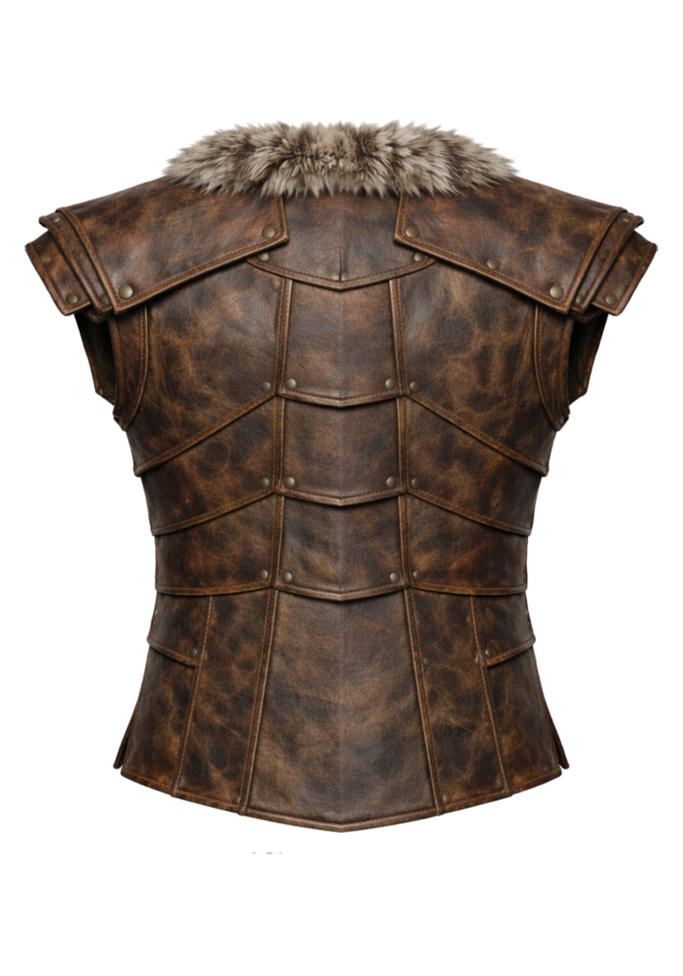 Brown sleeveless medieval Viking vest with layered riveted panels, wide fur collar, extended hem, and buckled rear construction
