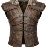 Brown sleeveless medieval Viking vest with layered riveted panels, wide fur collar, extended hem, and buckled rear construction