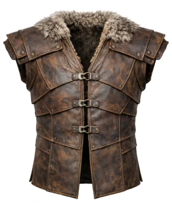 Brown sleeveless medieval Viking vest with layered riveted panels, wide fur collar, extended hem, and buckled rear construction